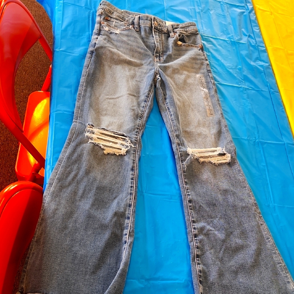 Blue Flare Wide Leg Jeans with Distressed Details